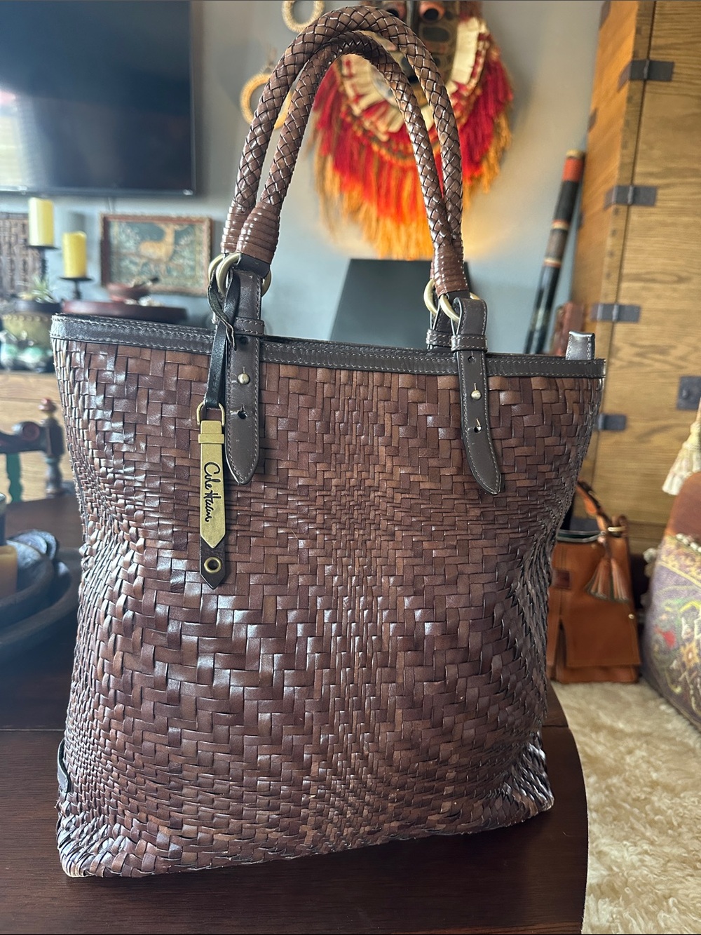 Cole Haan Guinevere Dark Brown Woven Leather Tote. Braided Handles. Luxury Bag